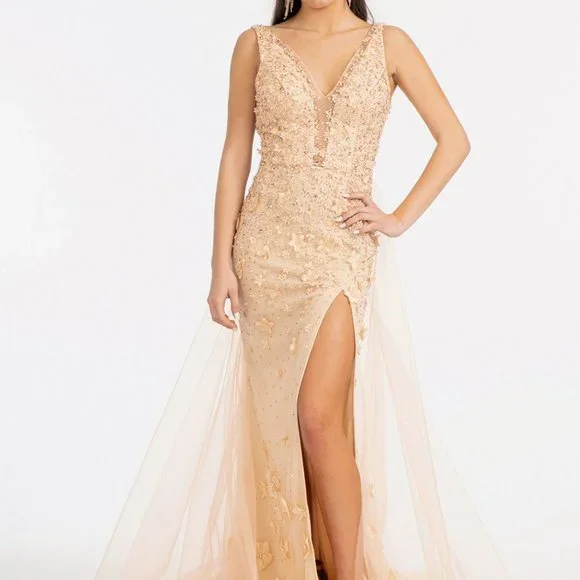 Rhinestone Embellished Mesh Mermaid Dress w/ 3-D Flower and Detached Layer G3011